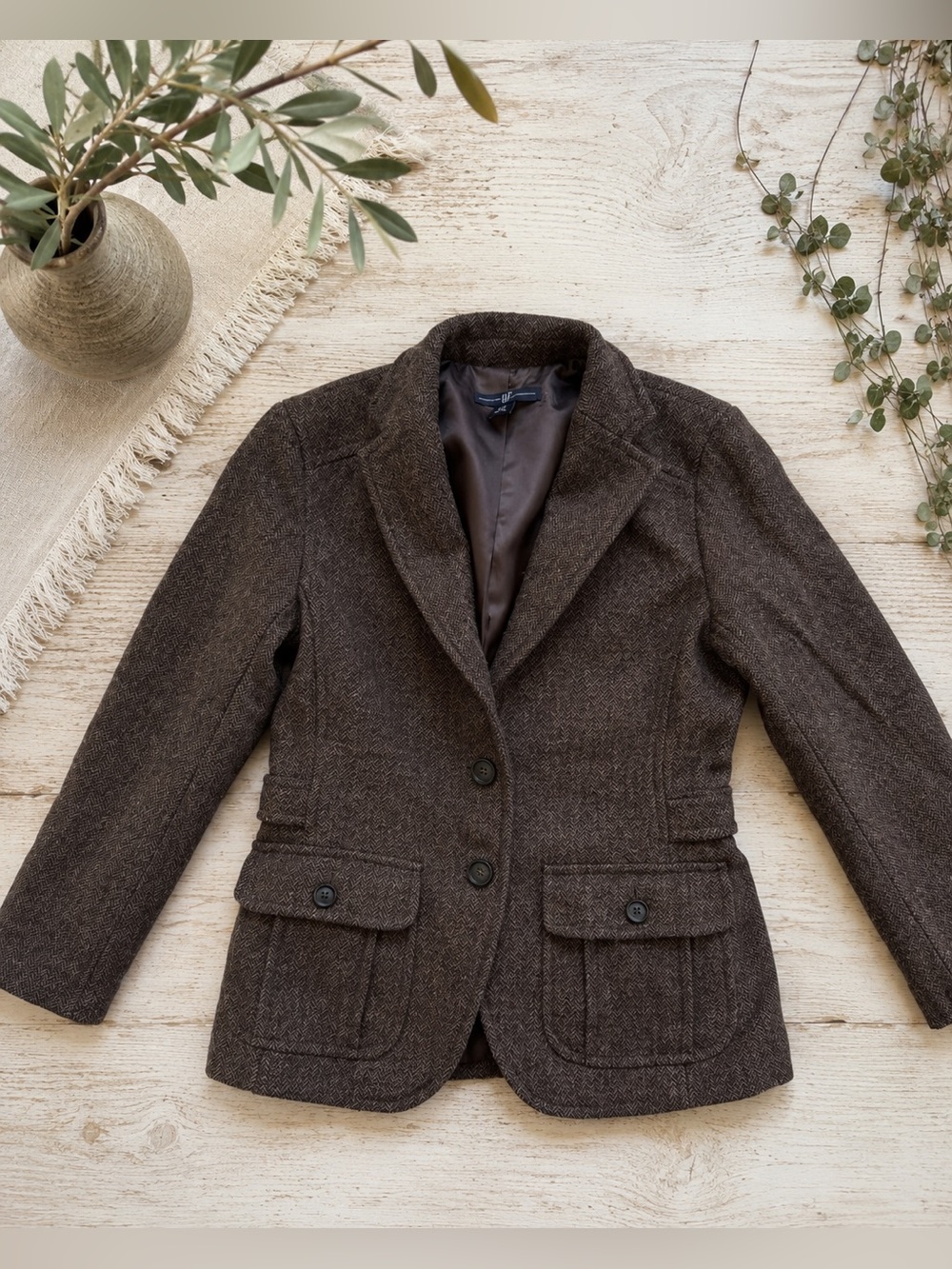 Gap Wool Herringbone Blazer Size 2 Brown Tailored Riding Jacket